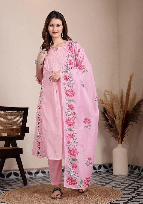 Pink Motif Cotton Kurta Dupatta Set