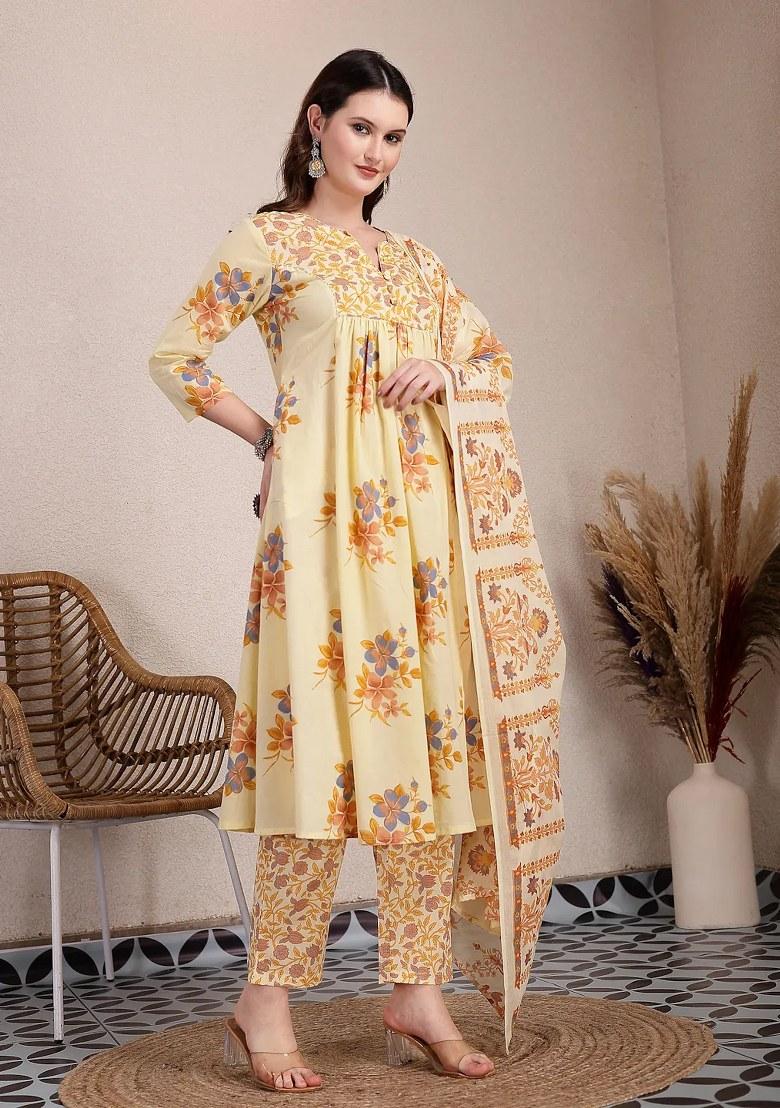 Yellow Motif Cotton Kurta Dupatta Set - Indya