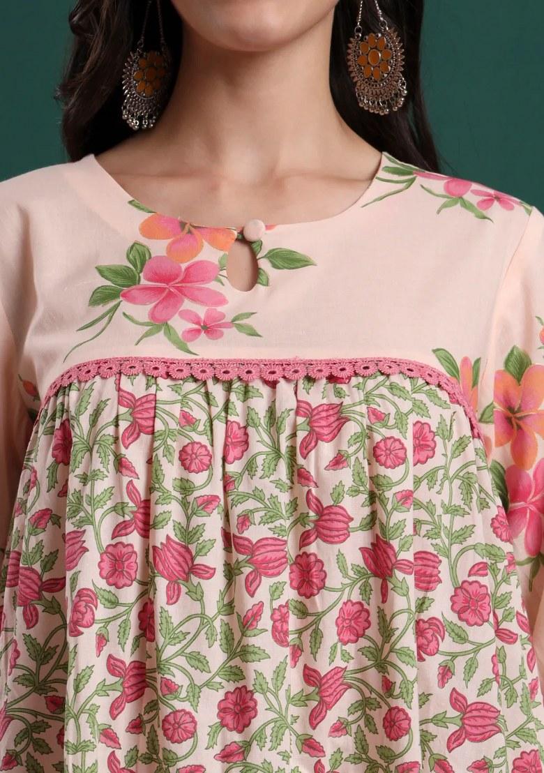 Pink Printed Cotton Kurta Dupatta Set - Indya