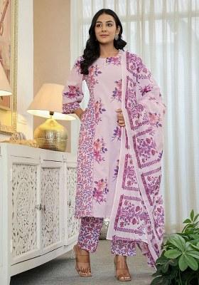 Lavender Motif Cotton Kurta Dupatta Set