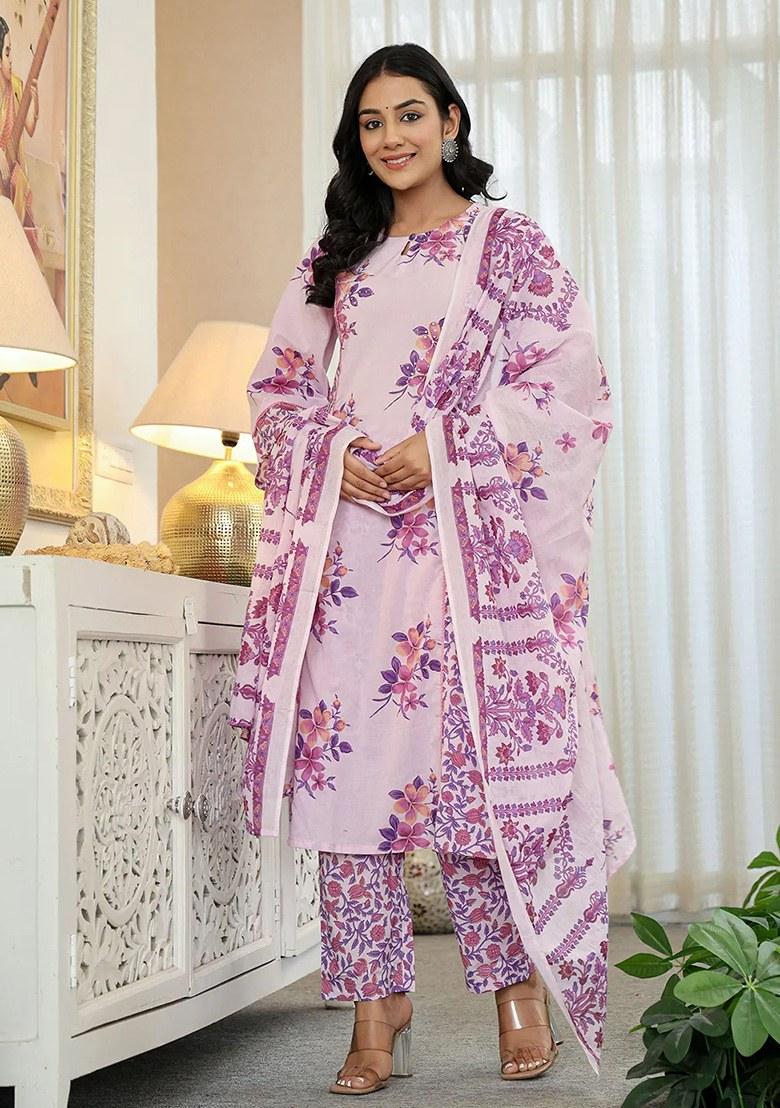 Lavender Motif Cotton Kurta Dupatta Set - Indya