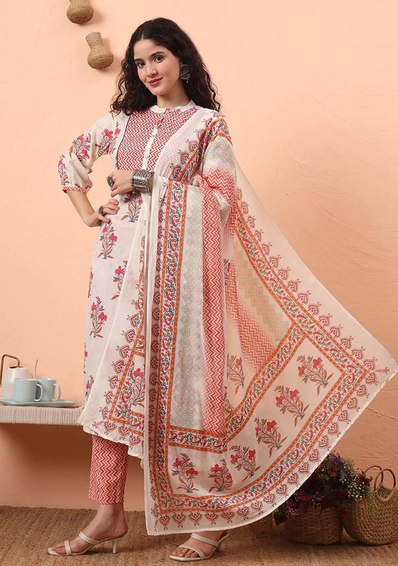Cream Motif Cotton Kurta Dupatta Set - Indya