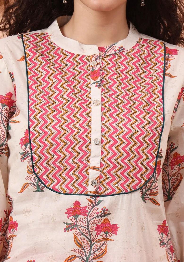 Cream Motif Cotton Kurta Dupatta Set - Indya