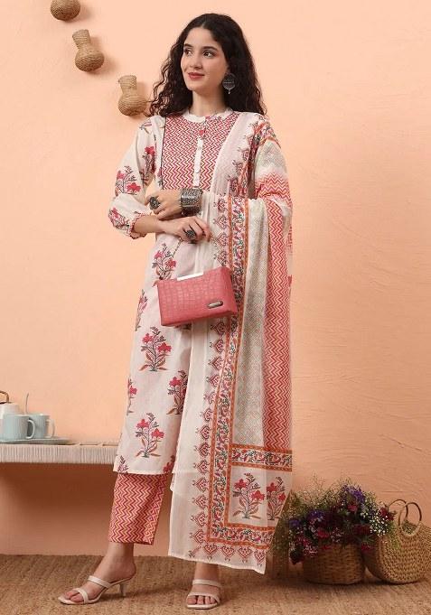 Cream Motif Cotton Kurta Dupatta Set