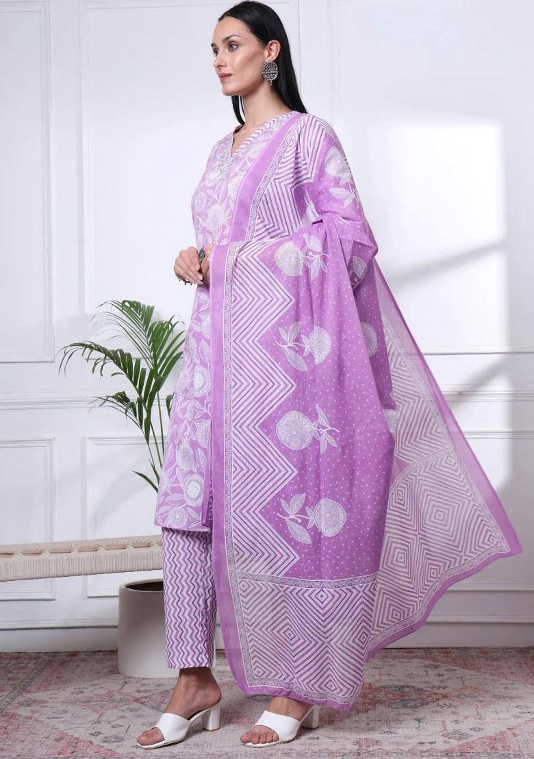 Purple Printed Cotton Kurta Dupatta Set - Indya
