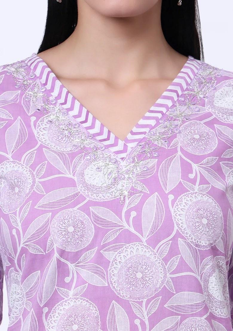 Purple Printed Cotton Kurta Dupatta Set - Indya