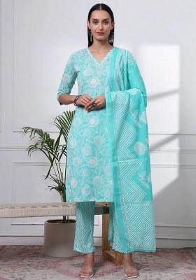 Sea Green Printed Cotton Kurta Dupatta Set