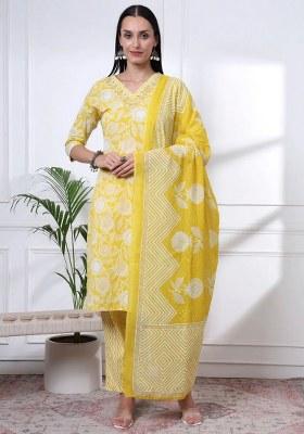 Yellow Printed Cotton Kurta Dupatta Set