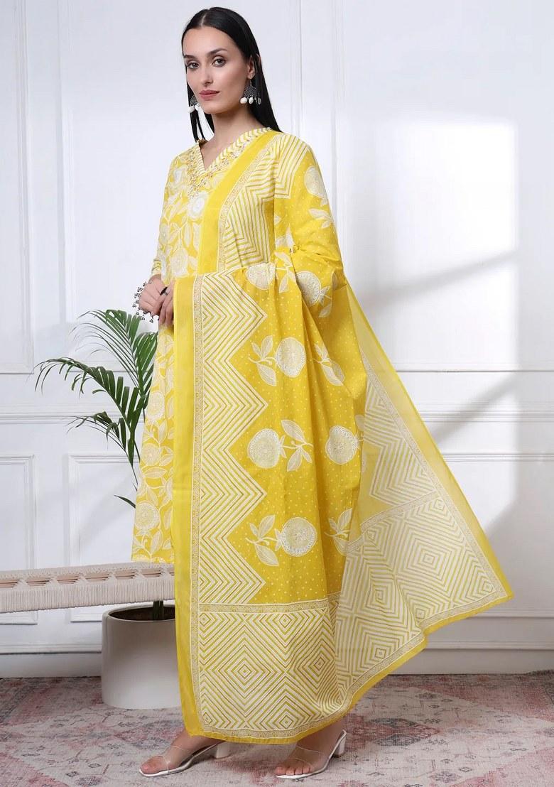 Yellow Printed Cotton Kurta Dupatta Set - Indya