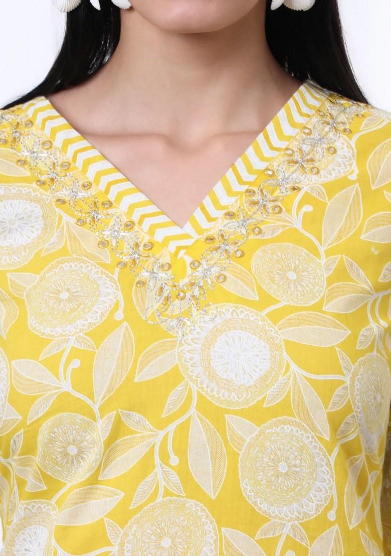 Yellow Printed Cotton Kurta Dupatta Set - Indya