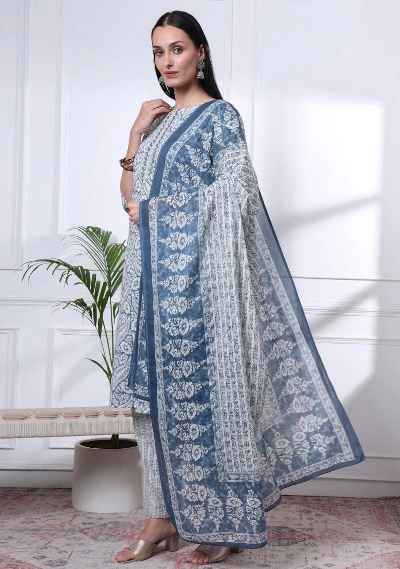 Navy Blue Motif Cotton Kurta Dupatta Set - Indya