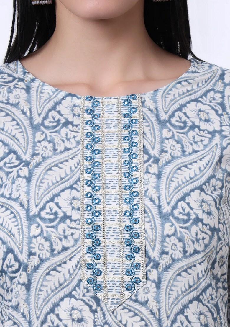 Navy Blue Motif Cotton Kurta Dupatta Set - Indya