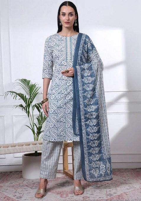 Navy Blue Motif Cotton Kurta Dupatta Set