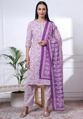 Purple Motif Cotton Kurta Dupatta Set