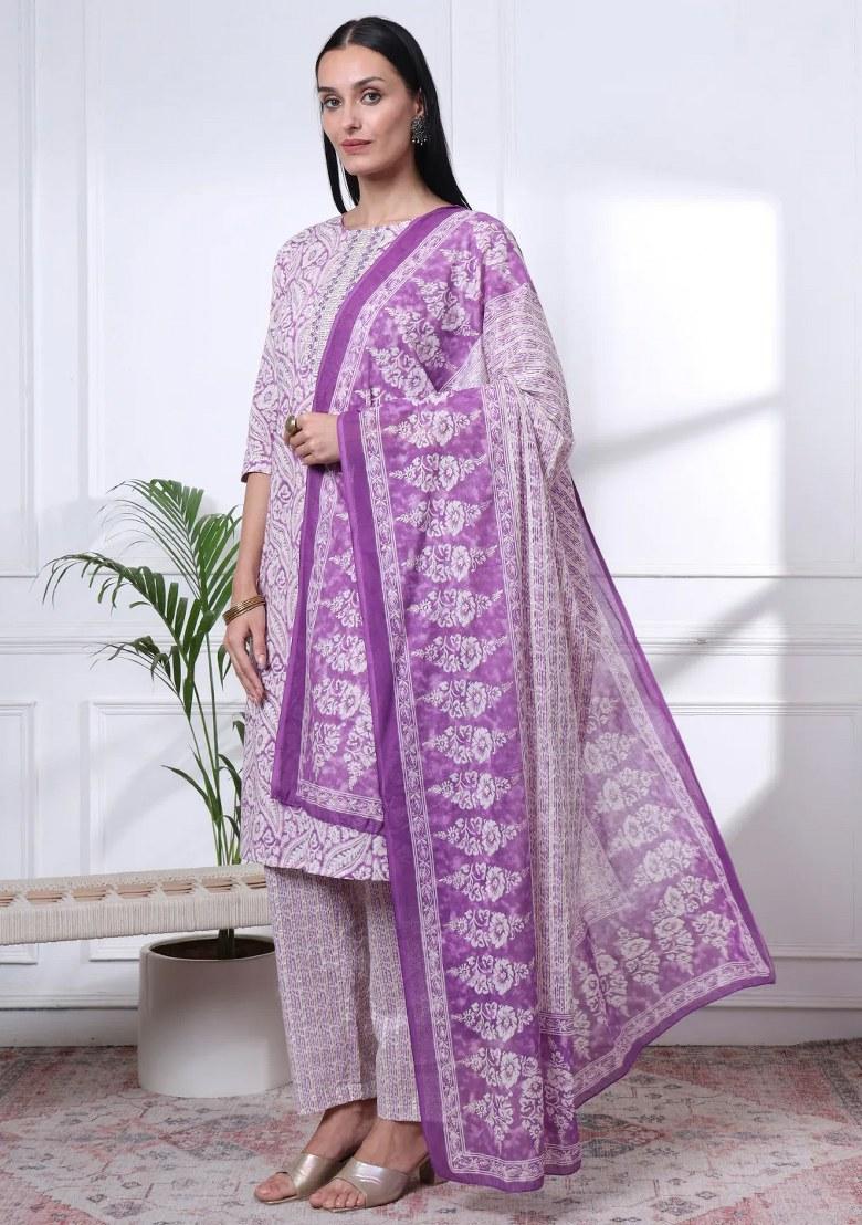 Purple Motif Cotton Kurta Dupatta Set - Indya