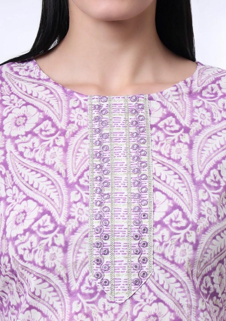 Purple Motif Cotton Kurta Dupatta Set - Indya