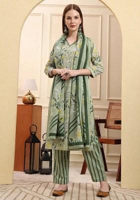 Green Floral Print Cotton Kurta Dupatta Set