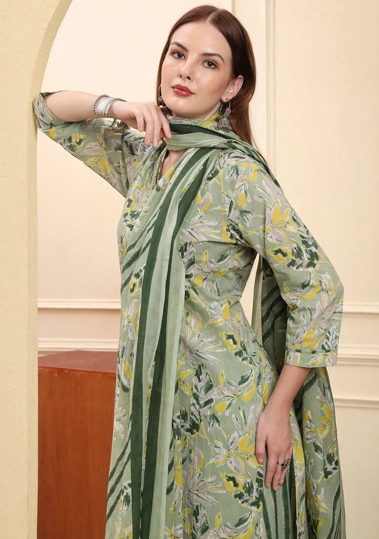 Green Floral Print Cotton Kurta Dupatta Set - Indya