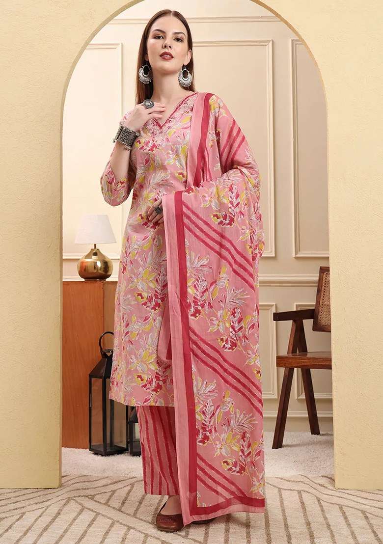 Pink Floral Print Cotton Kurta Dupatta Set - Indya