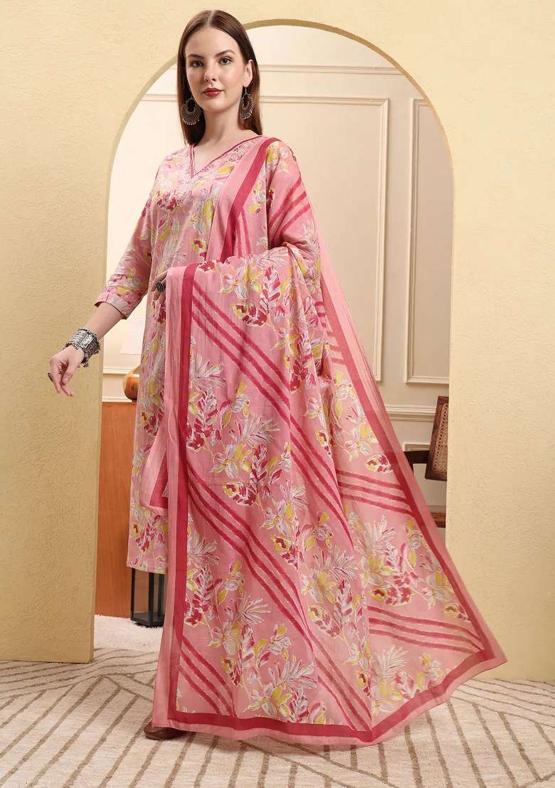 Pink Floral Print Cotton Kurta Dupatta Set - Indya
