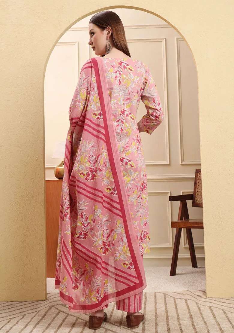 Pink Floral Print Cotton Kurta Dupatta Set - Indya