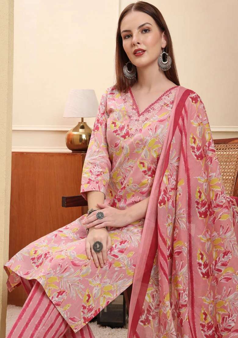 Pink Floral Print Cotton Kurta Dupatta Set - Indya