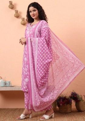 Purple Motif Cotton Kurta Dupatta Set