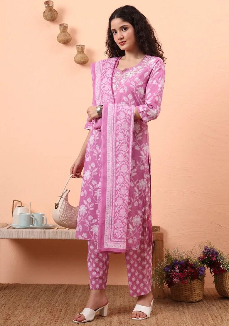 Purple Motif Cotton Kurta Dupatta Set - Indya
