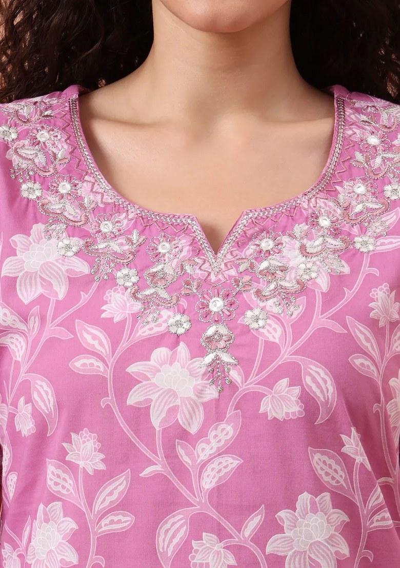 Purple Motif Cotton Kurta Dupatta Set - Indya