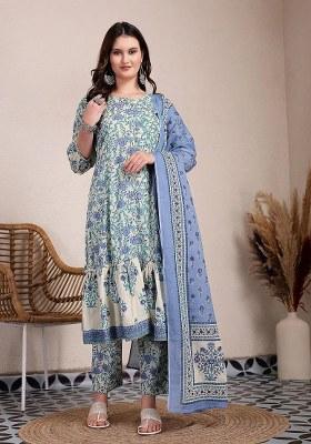 Blue Printed Cotton Kurta Dupatta Set
