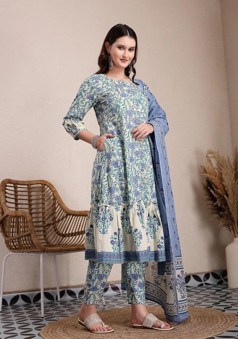 Blue Printed Cotton Kurta Dupatta Set - Indya