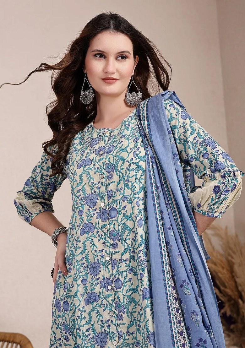 Blue Printed Cotton Kurta Dupatta Set - Indya