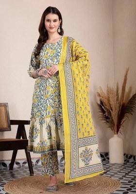 Yellow Printed Cotton Kurta Dupatta Set