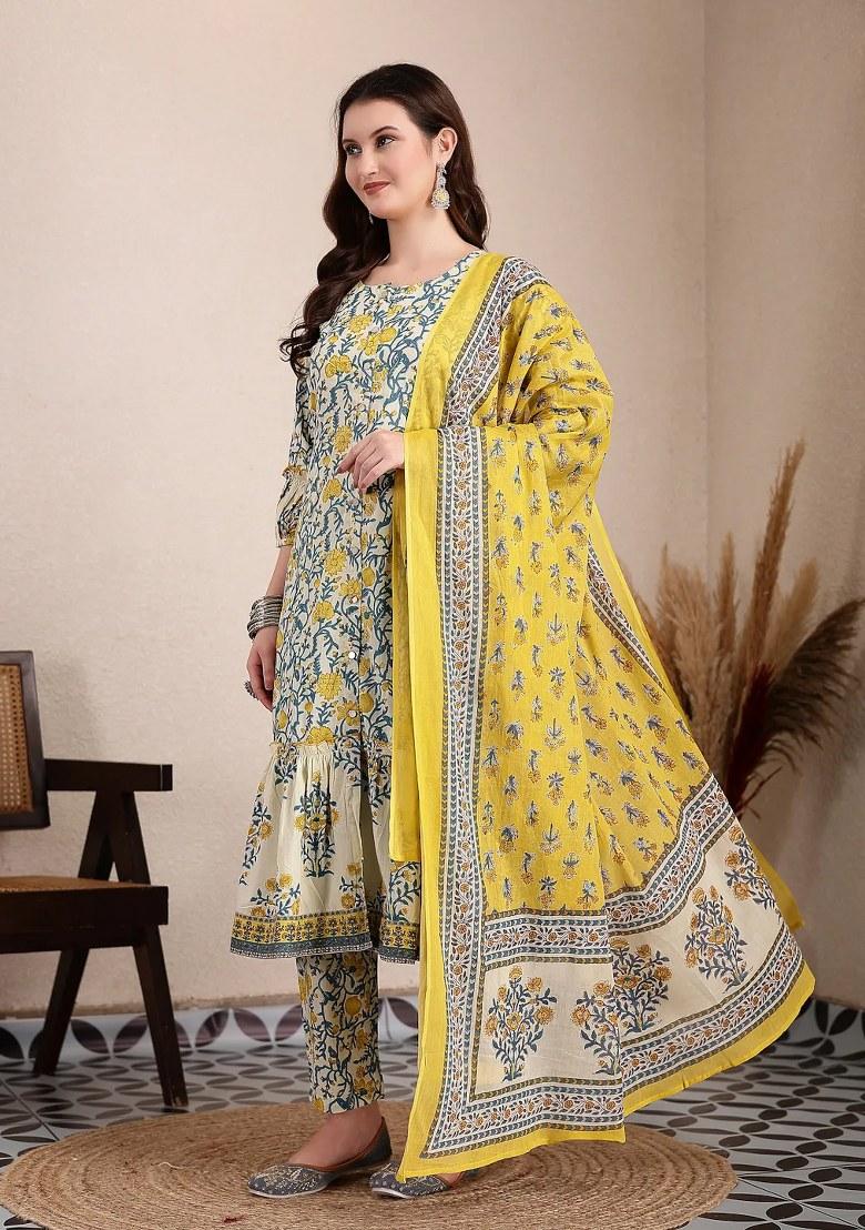 Yellow Printed Cotton Kurta Dupatta Set - Indya