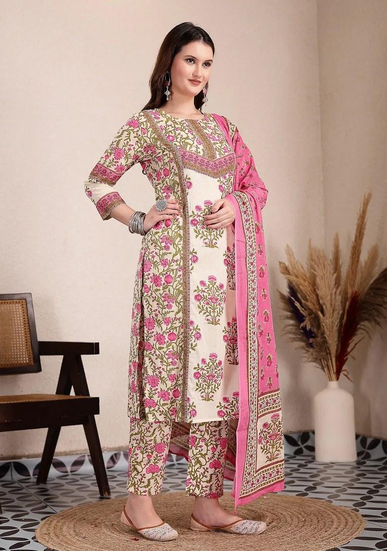 Pink Floral Print Cotton Kurta Dupatta Set - Indya