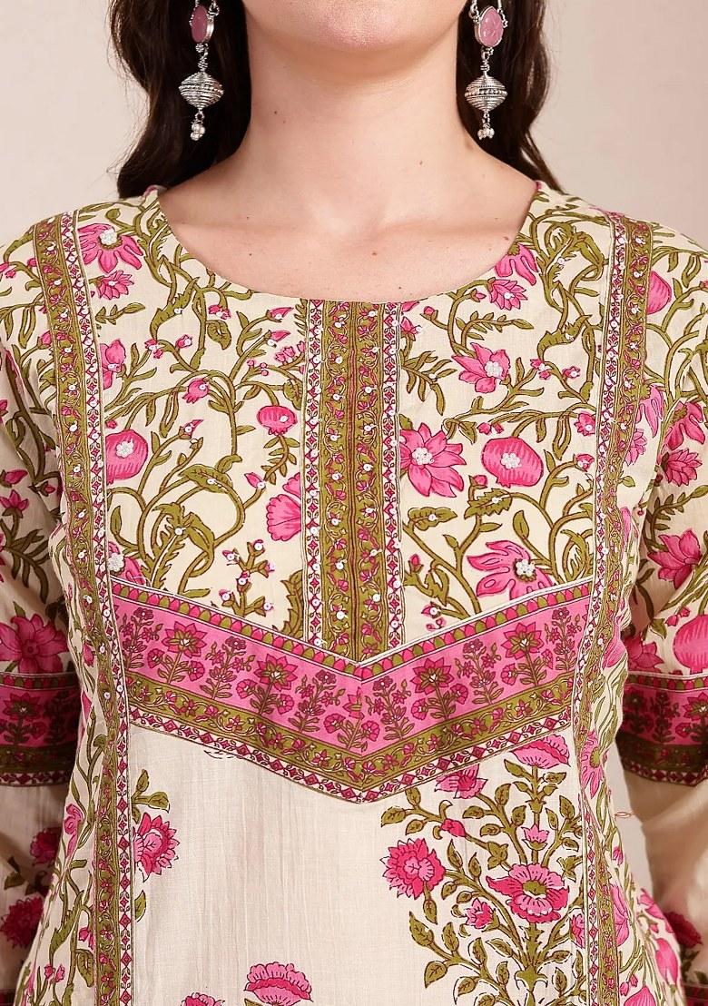 Pink Floral Print Cotton Kurta Dupatta Set - Indya