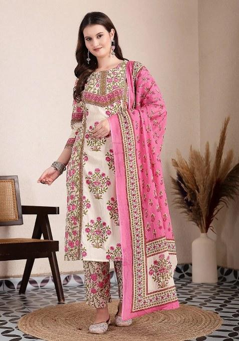 Pink Floral Print Cotton Kurta Dupatta Set