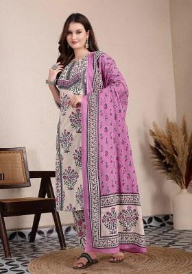 Purple Floral Print Cotton Kurta Dupatta Set