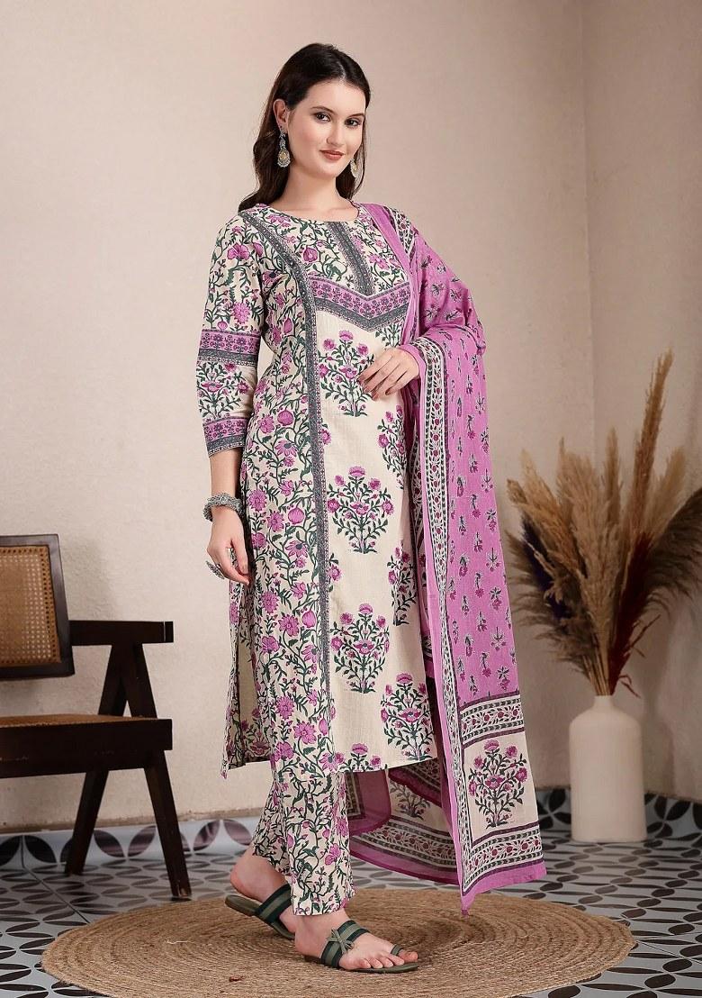 Purple Floral Print Cotton Kurta Dupatta Set - Indya