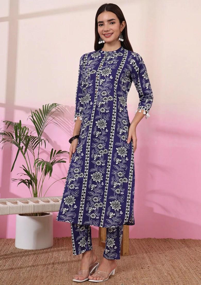 Blue Printed Cotton Kurta Set - Indya