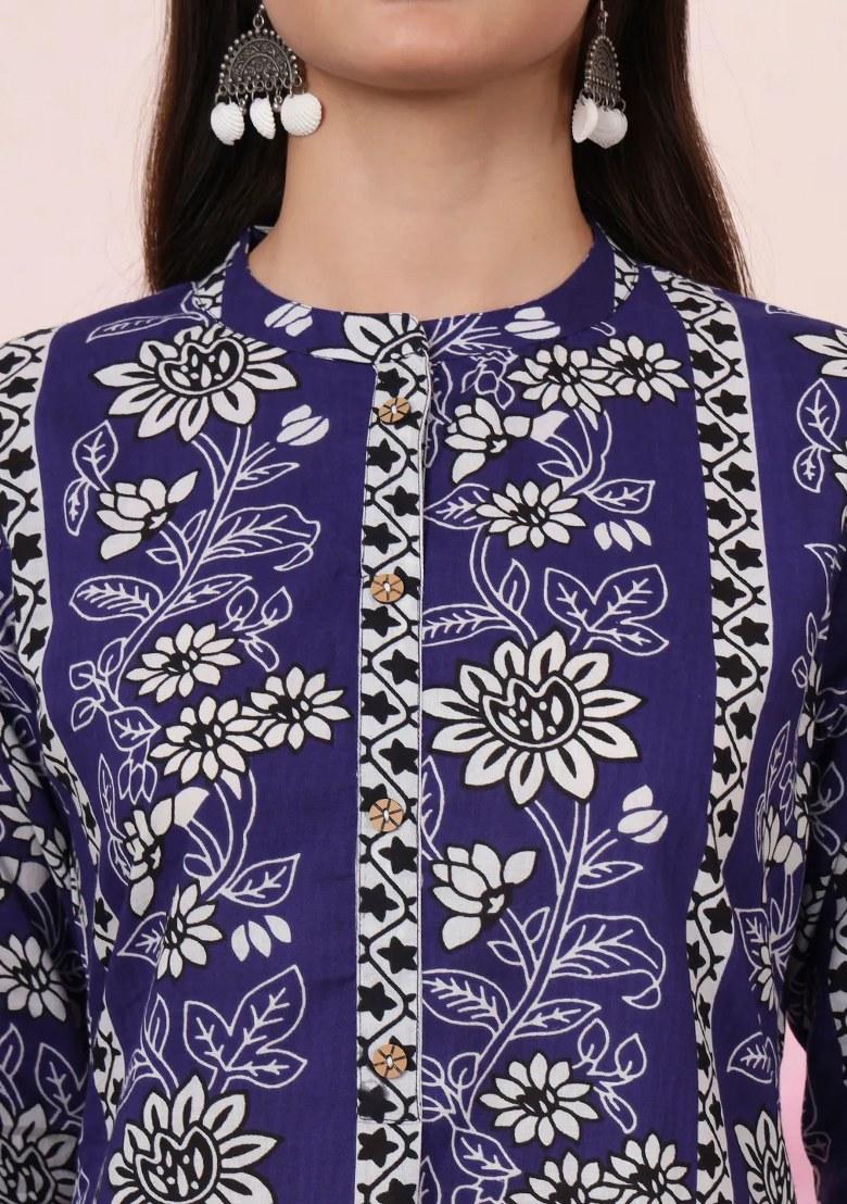 Blue Printed Cotton Kurta Set - Indya