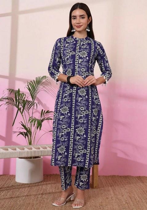 Blue Printed Cotton Kurta Set