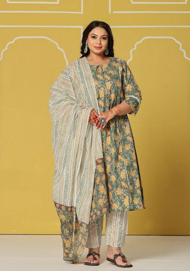 Green Motif Cotton Kurta Dupatta Set - Indya