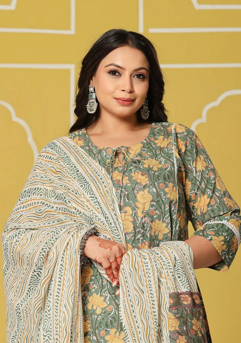 Green Motif Cotton Kurta Dupatta Set - Indya
