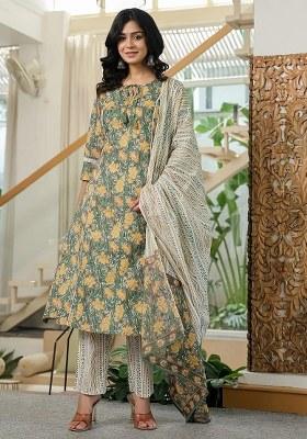 Green Floral Print Cotton Kurta Dupatta Set