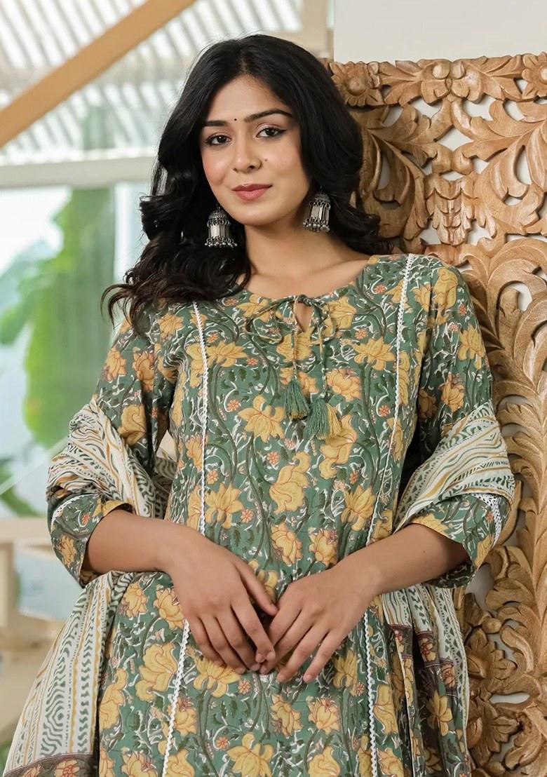 Green Floral Print Cotton Kurta Dupatta Set - Indya