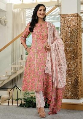 Pink Floral Print Cotton Kurta Dupatta Set