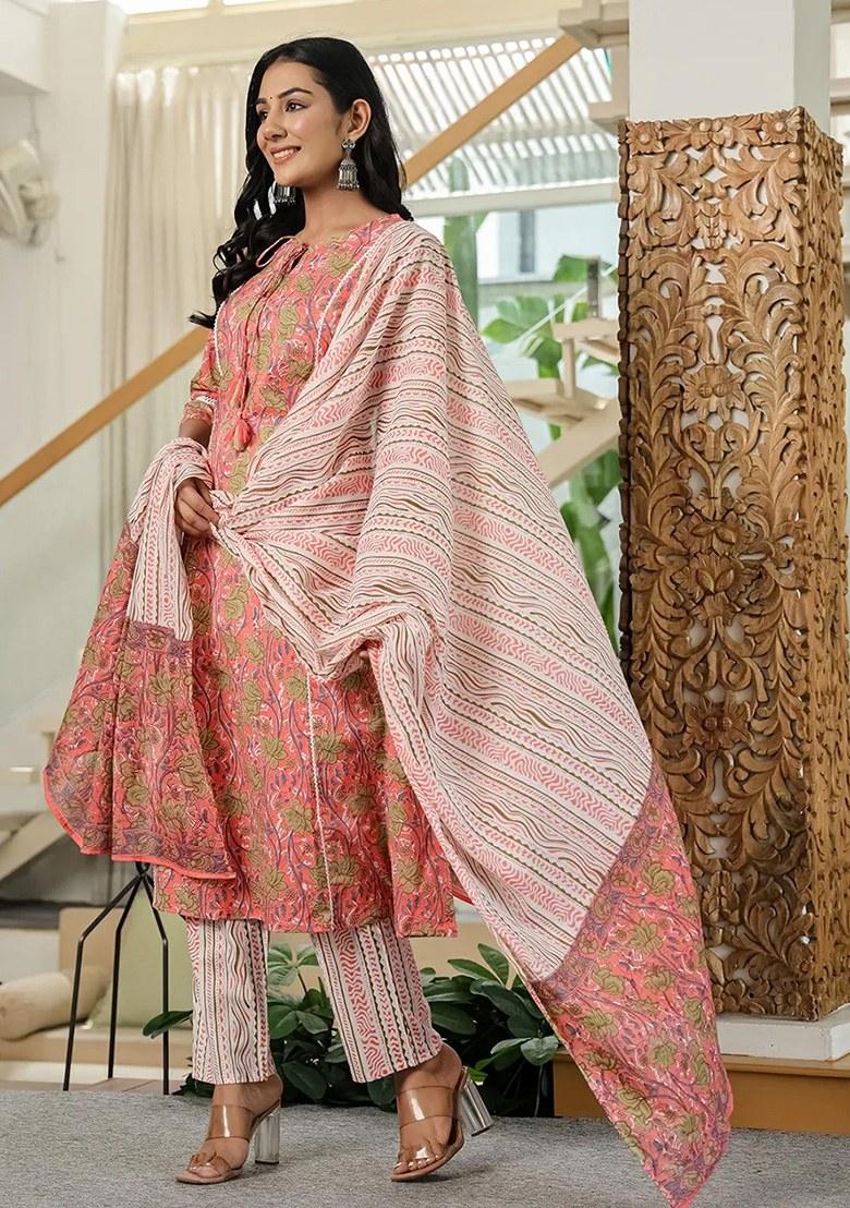 Pink Floral Print Cotton Kurta Dupatta Set - Indya