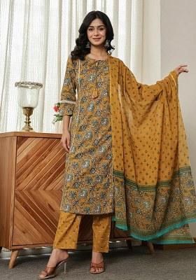 Yellow Floral Print Cotton Kurta Dupatta Set