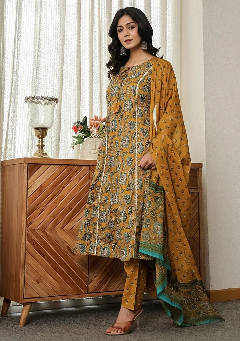 Yellow Floral Print Cotton Kurta Dupatta Set - Indya